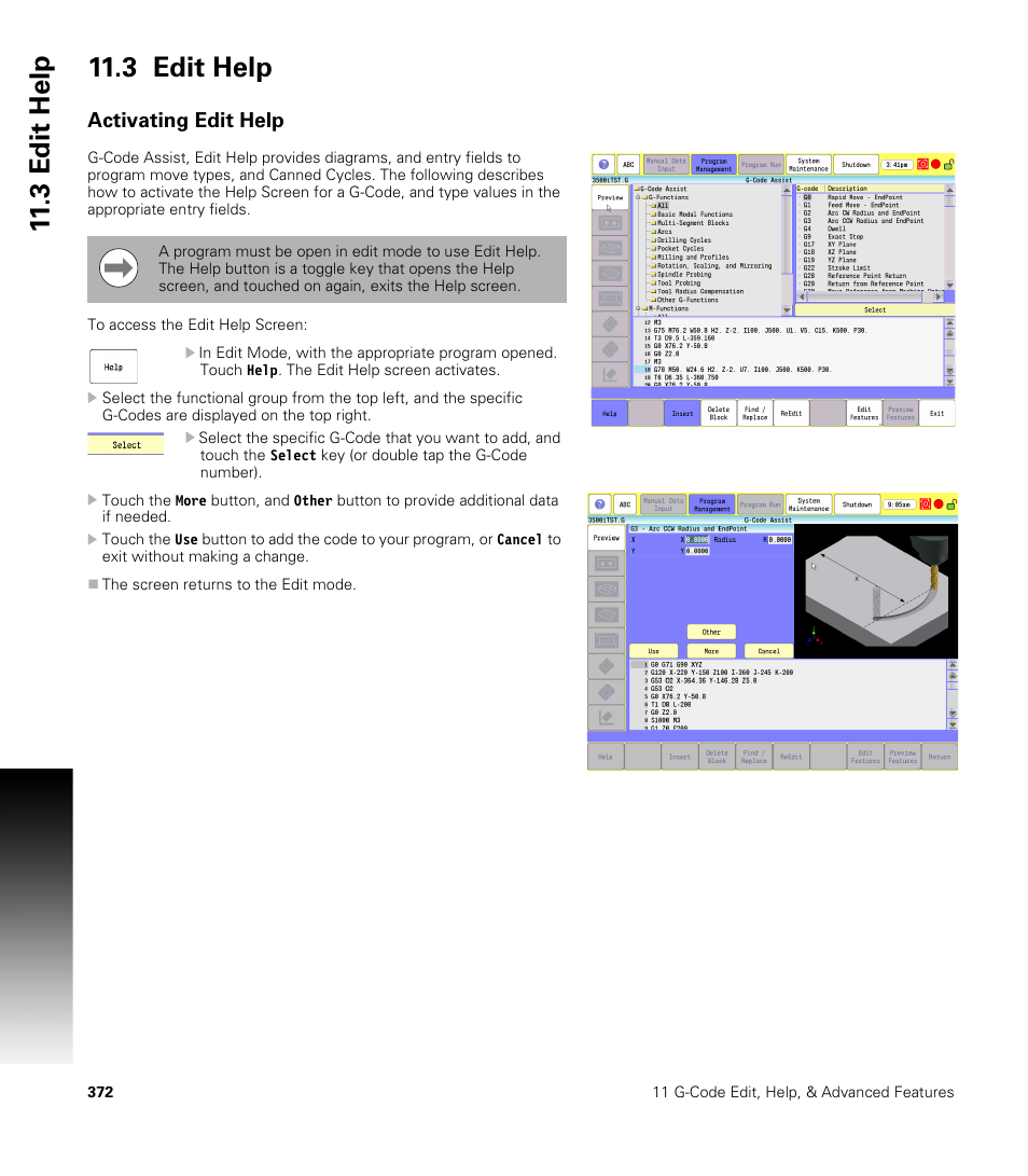 3 edit help, Activating edit help, 3 edit help 11.3 edit help | ACU-RITE CNC 3500i User Manual | Page 398 / 474