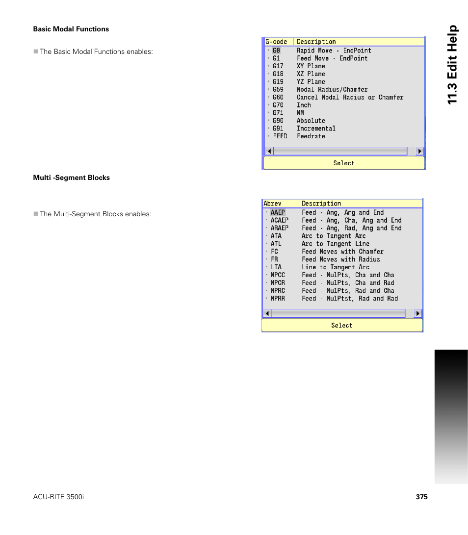 Basic modal functions, Multi -segment blocks, Basic modal functions multi -segment blocks | 3 edit help | ACU-RITE CNC 3500i User Manual | Page 401 / 474