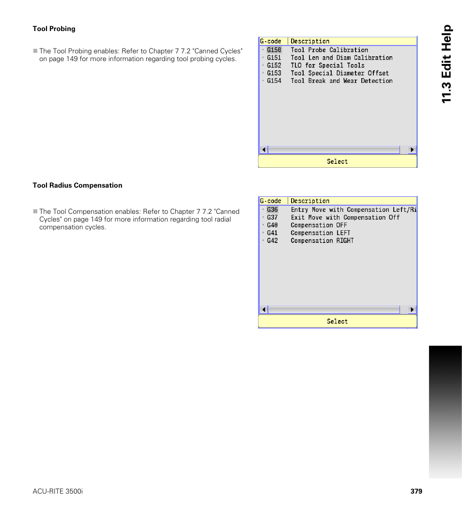 Tool probing, Tool radius compensation, Tool probing tool radius compensation | 3 edit help | ACU-RITE CNC 3500i User Manual | Page 405 / 474
