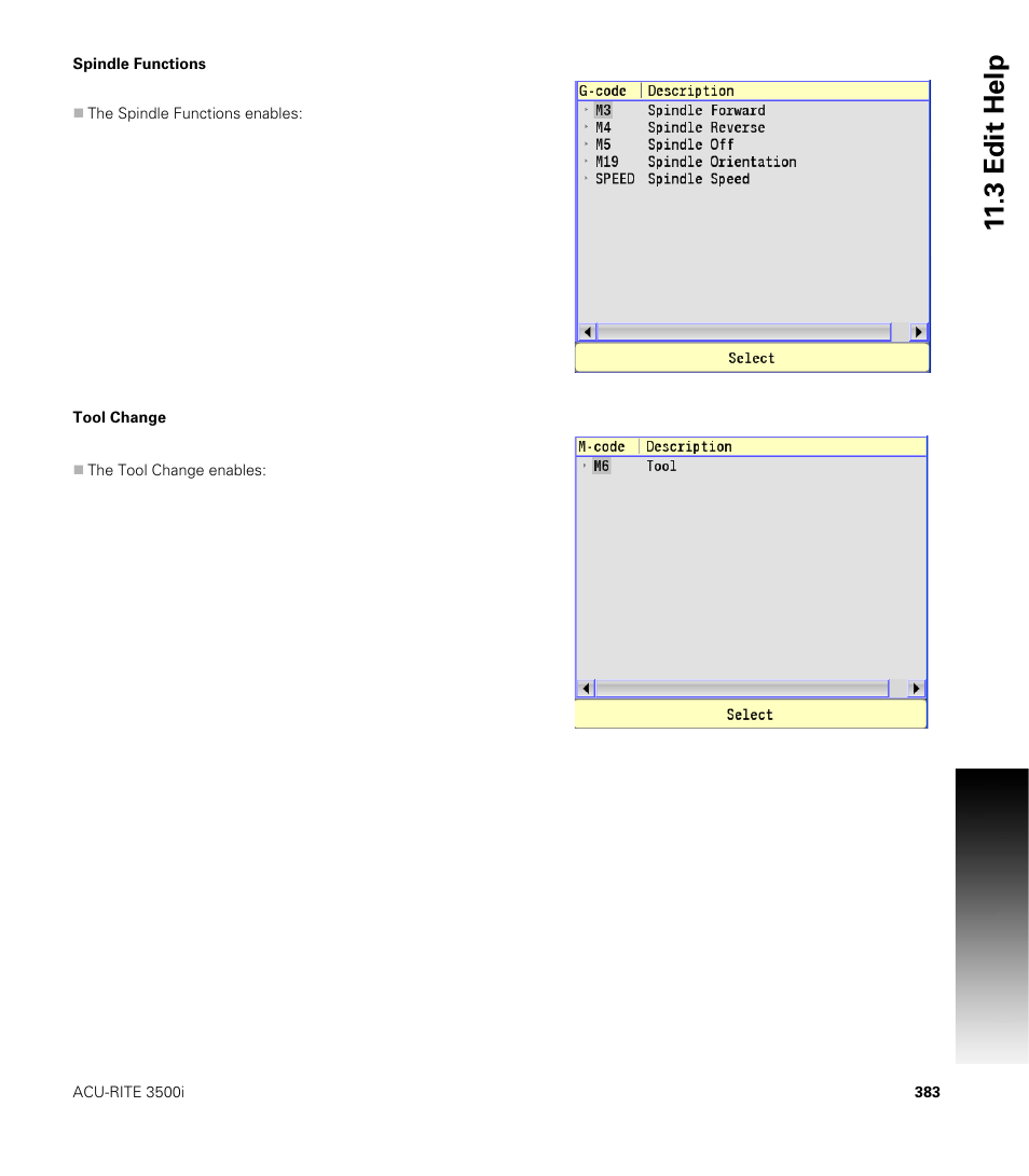 Spindle functions, Tool change, Spindle functions tool change | 3 edit help | ACU-RITE CNC 3500i User Manual | Page 409 / 474