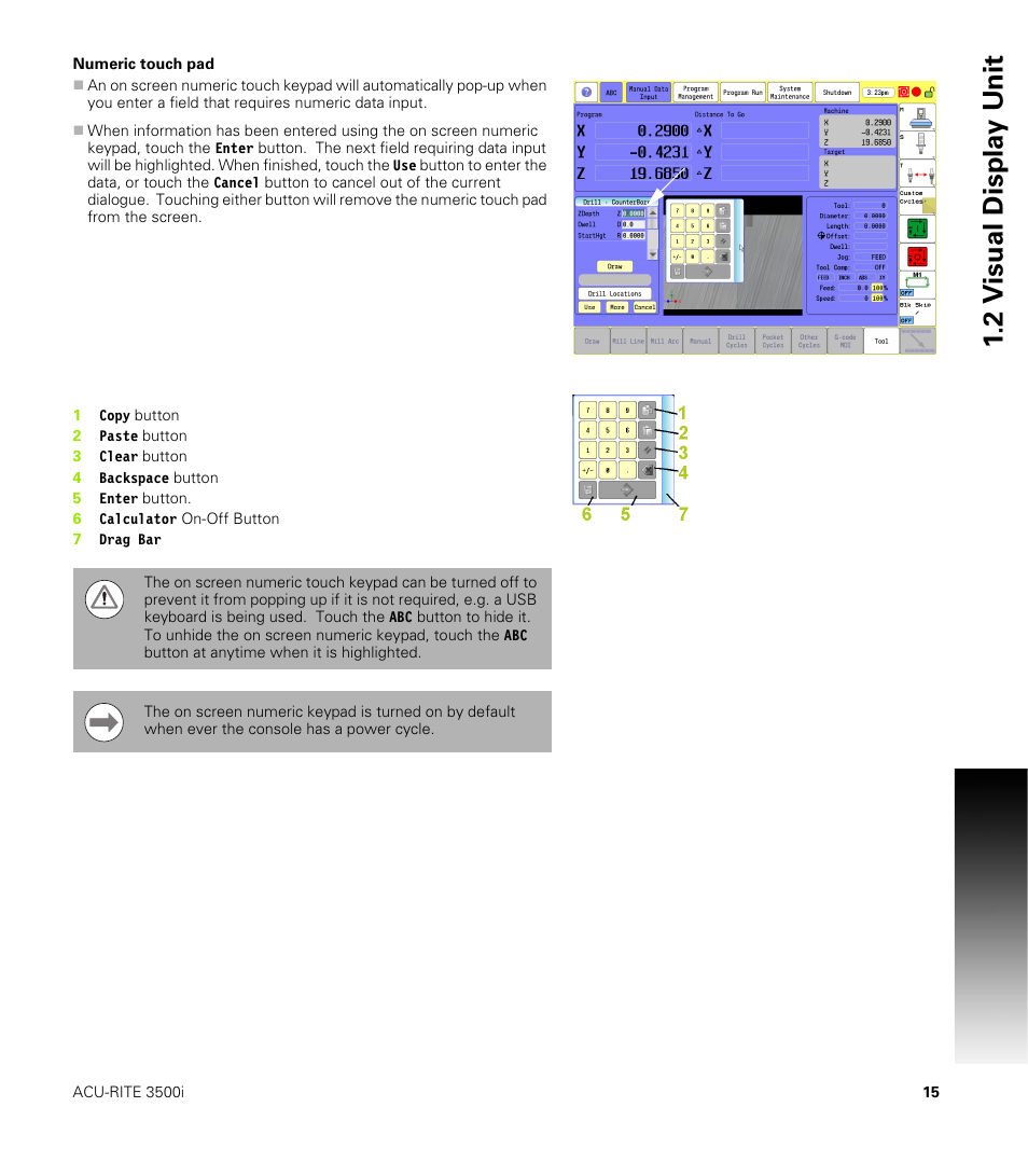 Numeric touch pad, 2 v isual displa y unit | ACU-RITE CNC 3500i User Manual | Page 41 / 474