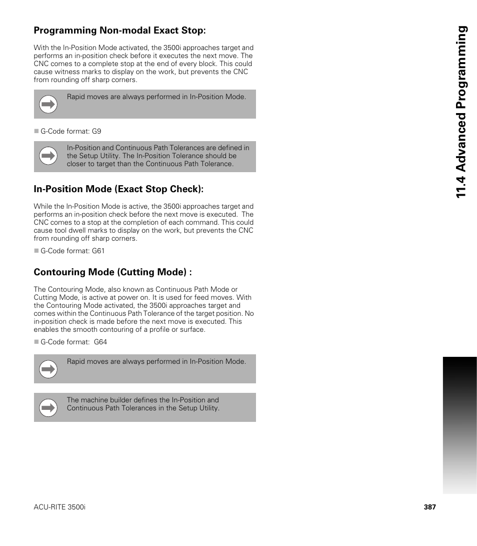 Programming non-modal exact stop, In-position mode (exact stop check), Contouring mode (cutting mode) | ACU-RITE CNC 3500i User Manual | Page 413 / 474