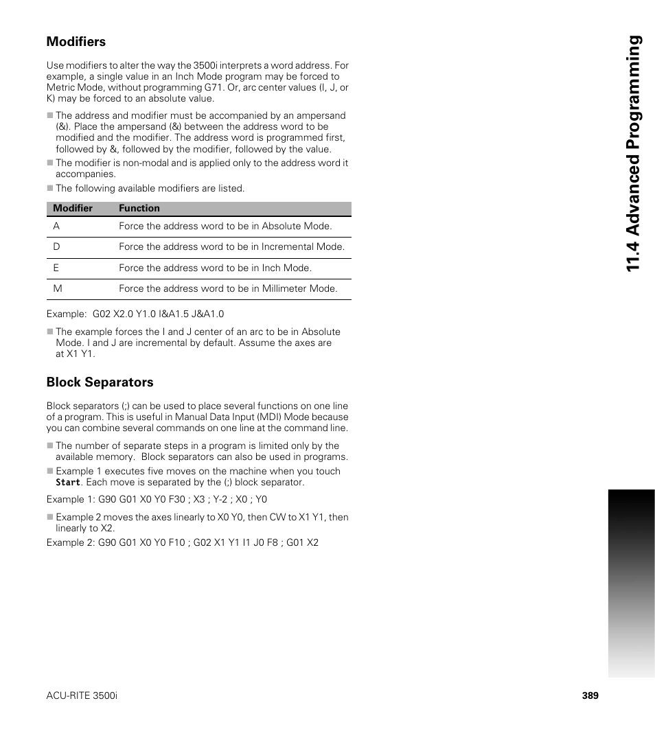 Modifiers, Block separators | ACU-RITE CNC 3500i User Manual | Page 415 / 474
