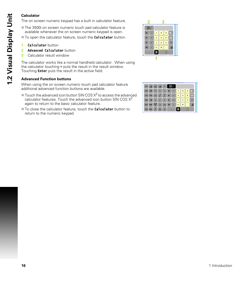 Calculator, Advanced function buttons, Calculator advanced function buttons | 2 v isual displa y unit | ACU-RITE CNC 3500i User Manual | Page 42 / 474