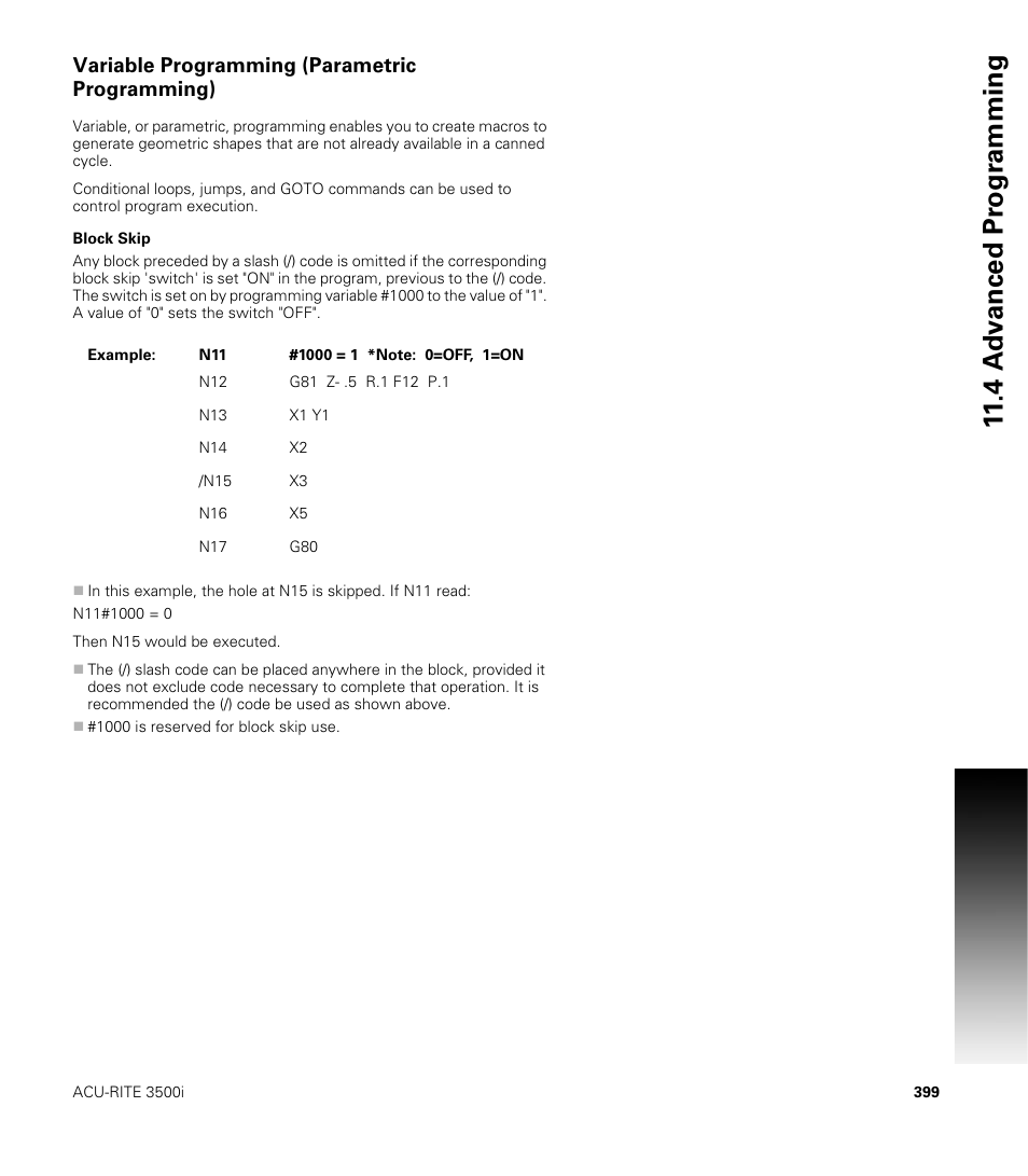 Variable programming (parametric programming), Block skip | ACU-RITE CNC 3500i User Manual | Page 425 / 474
