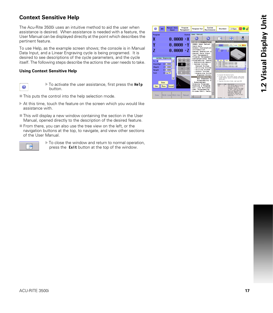 Context sensitive help, Using context sensitive help, 2 v isual displa y unit | ACU-RITE CNC 3500i User Manual | Page 43 / 474