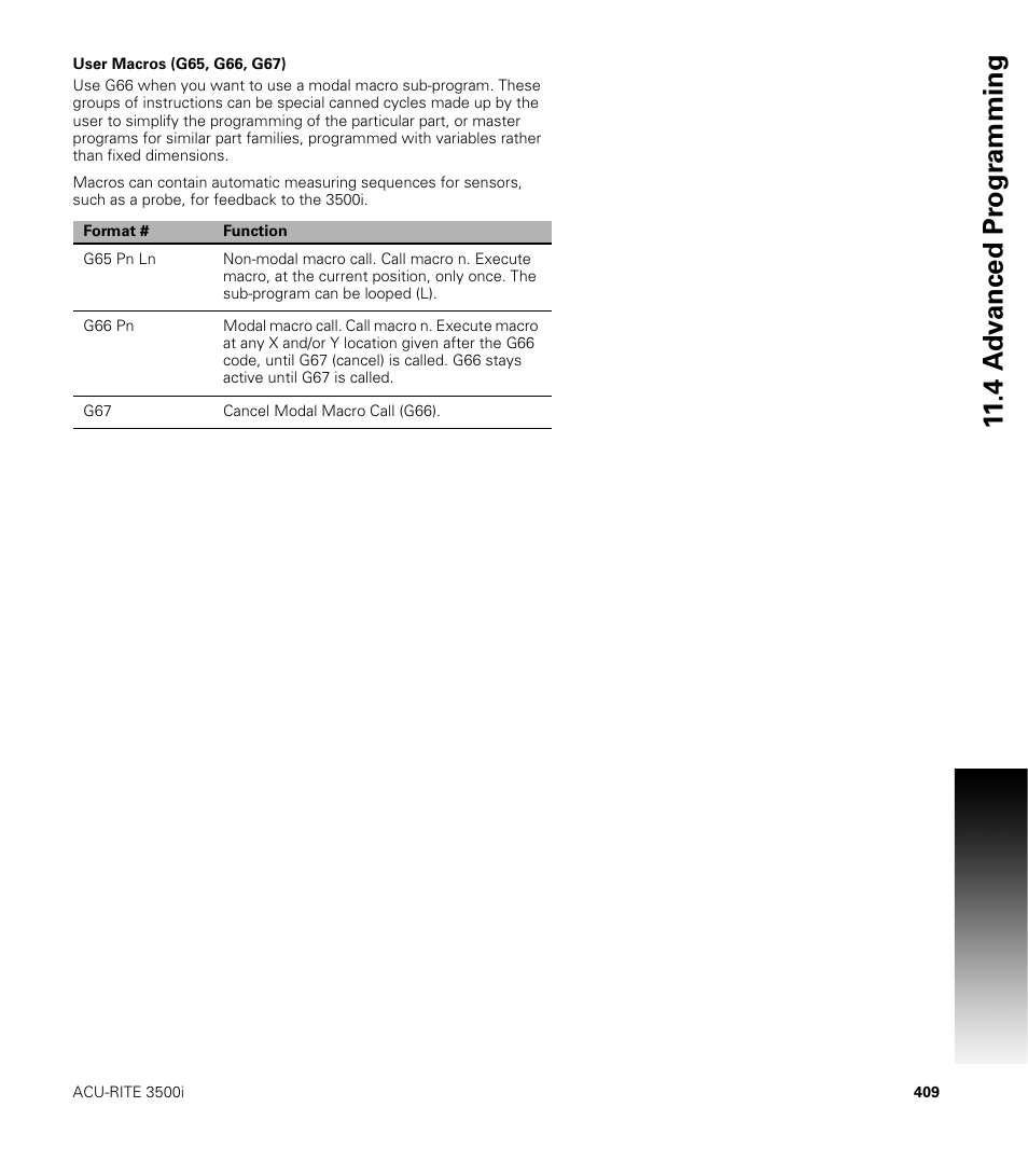 User macros (g65, g66, g67) | ACU-RITE CNC 3500i User Manual | Page 435 / 474