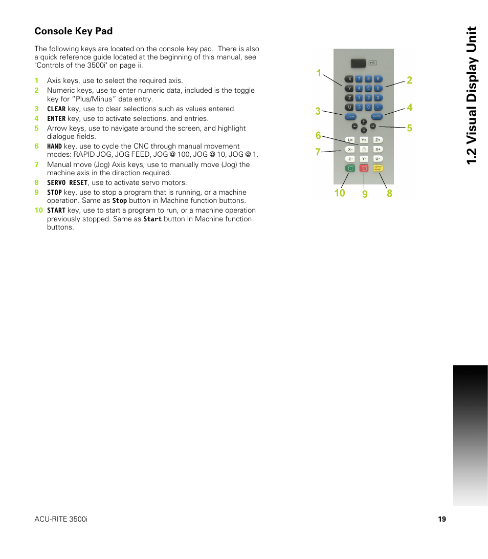 Console key pad, 2 v isual displa y unit | ACU-RITE CNC 3500i User Manual | Page 45 / 474