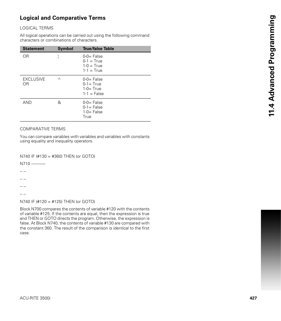 Logical and comparative terms | ACU-RITE CNC 3500i User Manual | Page 453 / 474