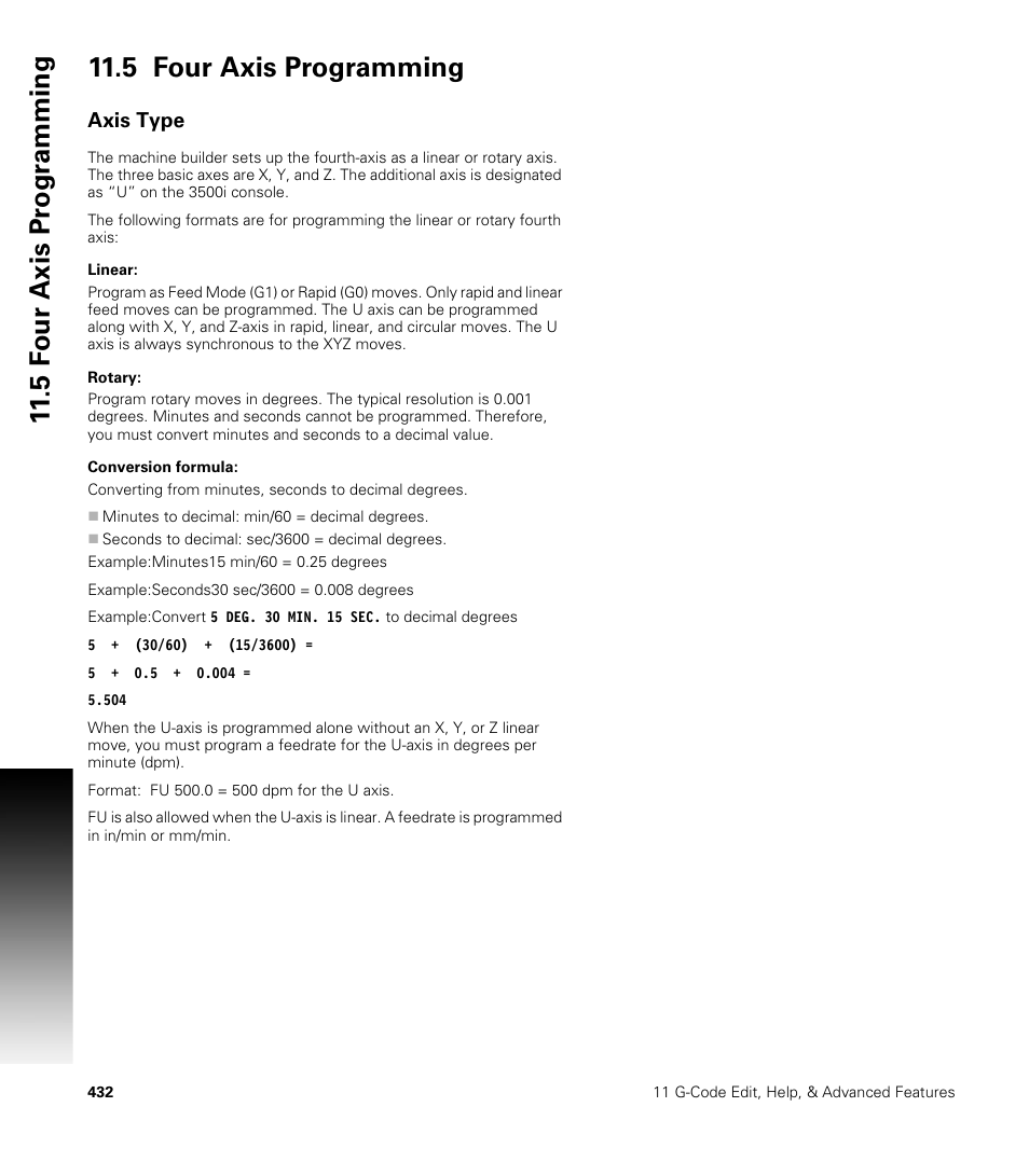 5 four axis programming, Axis type, Linear | Rotary, Conversion formula, Linear: rotary: conversion formula | ACU-RITE CNC 3500i User Manual | Page 458 / 474