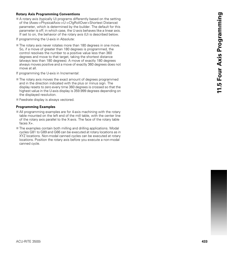 Rotary axis programming conventions, Programming examples, 5 f our axis pr ogr a mming | ACU-RITE CNC 3500i User Manual | Page 459 / 474