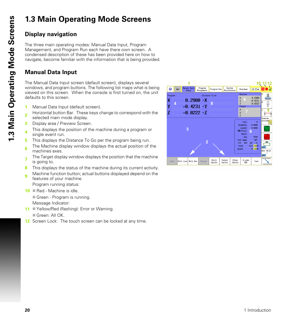 3 main operating mode screens, Display navigation, Manual data input | ACU-RITE CNC 3500i User Manual | Page 46 / 474
