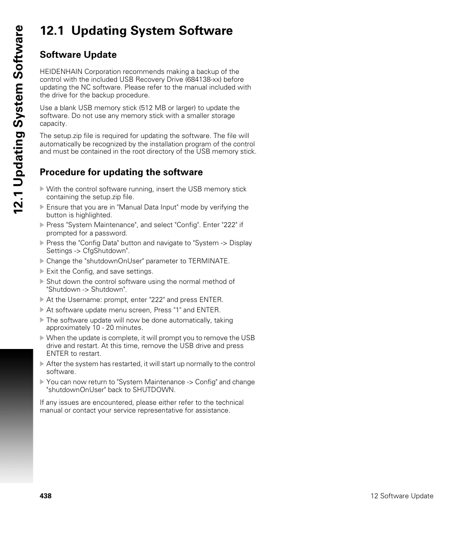 1 updating system software, Software update, Procedure for updating the software | ACU-RITE CNC 3500i User Manual | Page 464 / 474