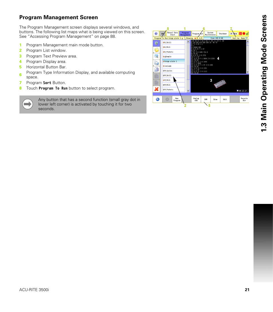 Program management screen, 3 main oper ating mode scr eens | ACU-RITE CNC 3500i User Manual | Page 47 / 474