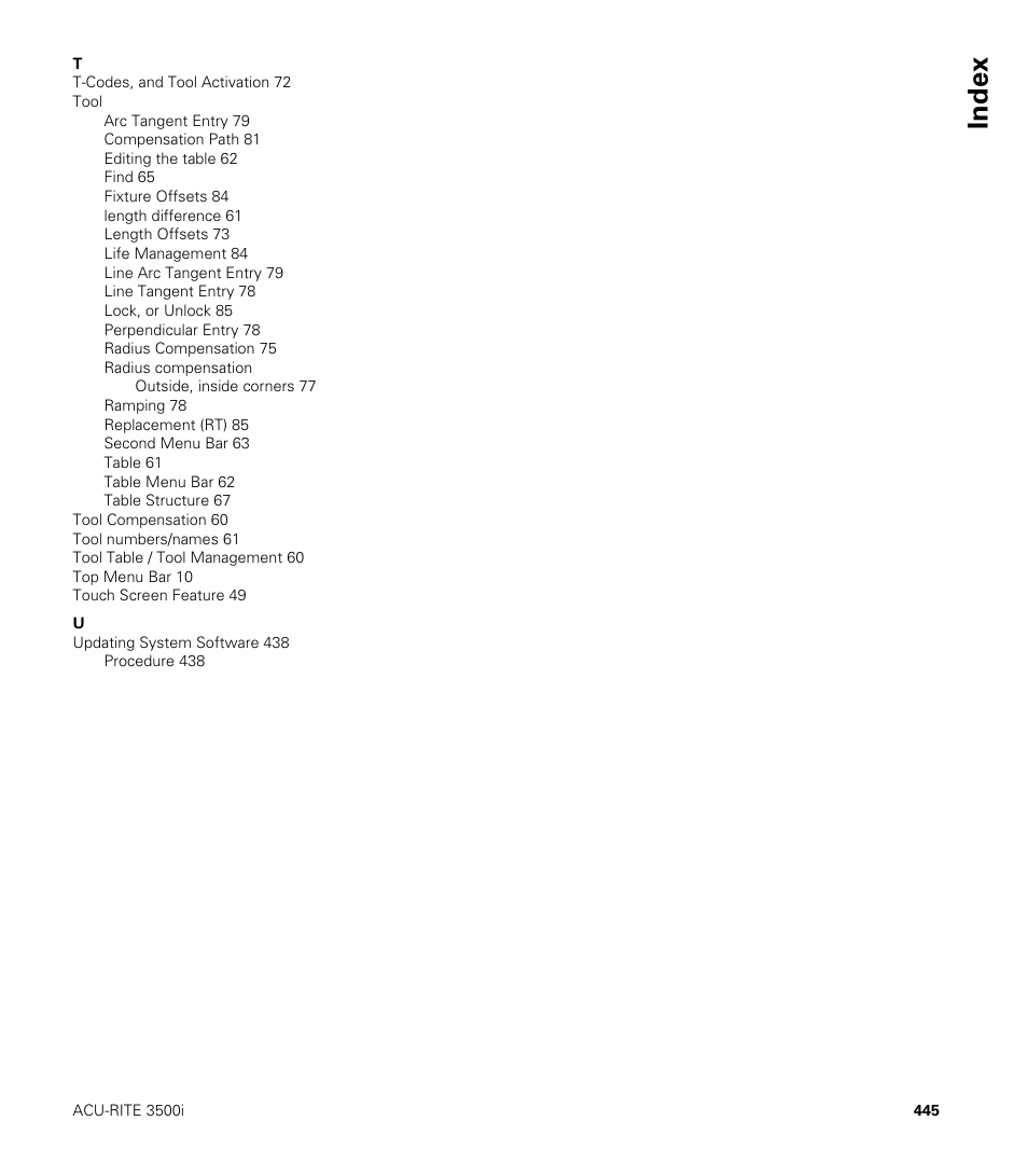 Index | ACU-RITE CNC 3500i User Manual | Page 471 / 474