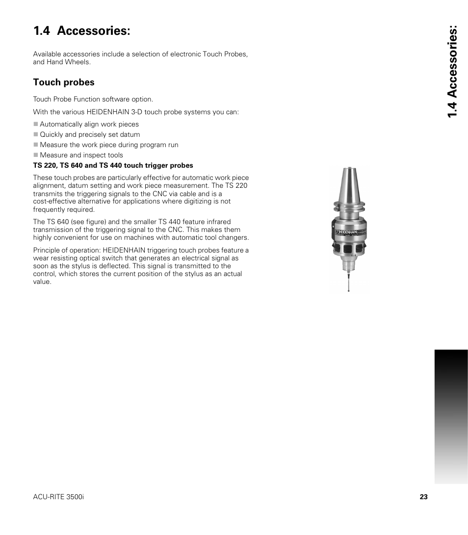 4 accessories, Touch probes, 4 a c cessor ies: 1.4 accessories | ACU-RITE CNC 3500i User Manual | Page 49 / 474