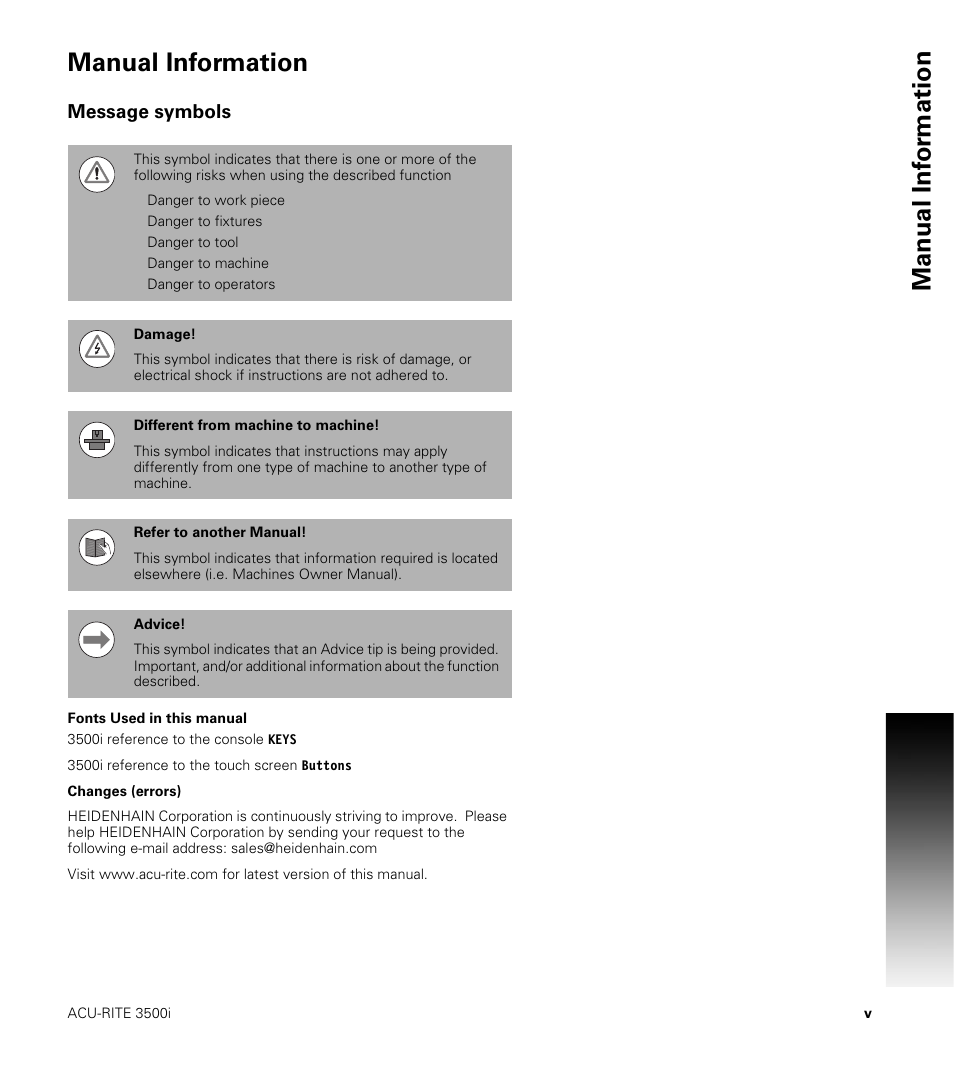 Manual information, Message symbols, Fonts used in this manual | Manual inf o rm ation manual information | ACU-RITE CNC 3500i User Manual | Page 5 / 474