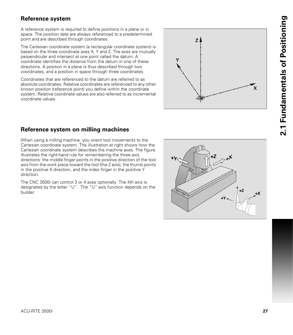 Reference system, Reference system on milling machines, 1 f undamentals of p o sitioning | ACU-RITE CNC 3500i User Manual | Page 53 / 474