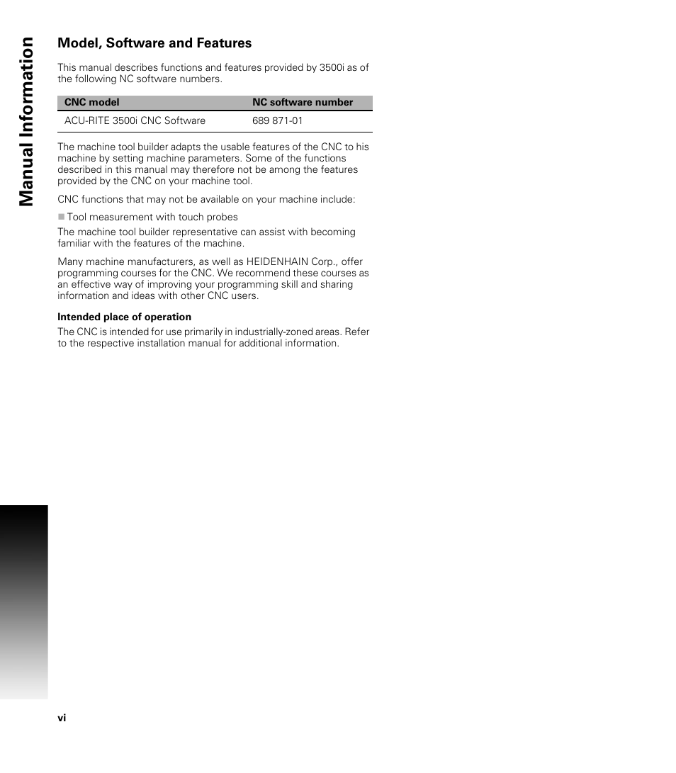 Model, software and features, Intended place of operation, Manual inf o rm ation | ACU-RITE CNC 3500i User Manual | Page 6 / 474