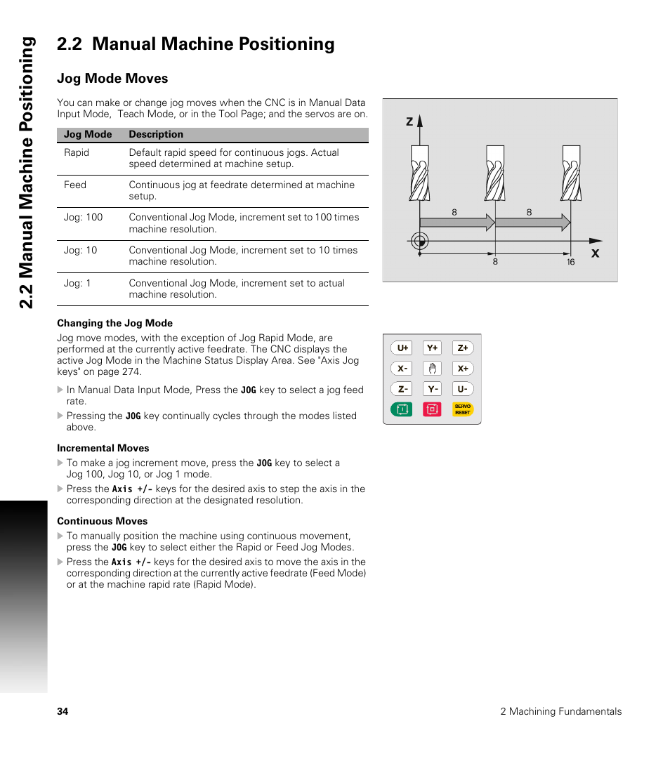 2 manual machine positioning, Jog mode moves, Changing the jog mode | Incremental moves, Continuous moves | ACU-RITE CNC 3500i User Manual | Page 60 / 474