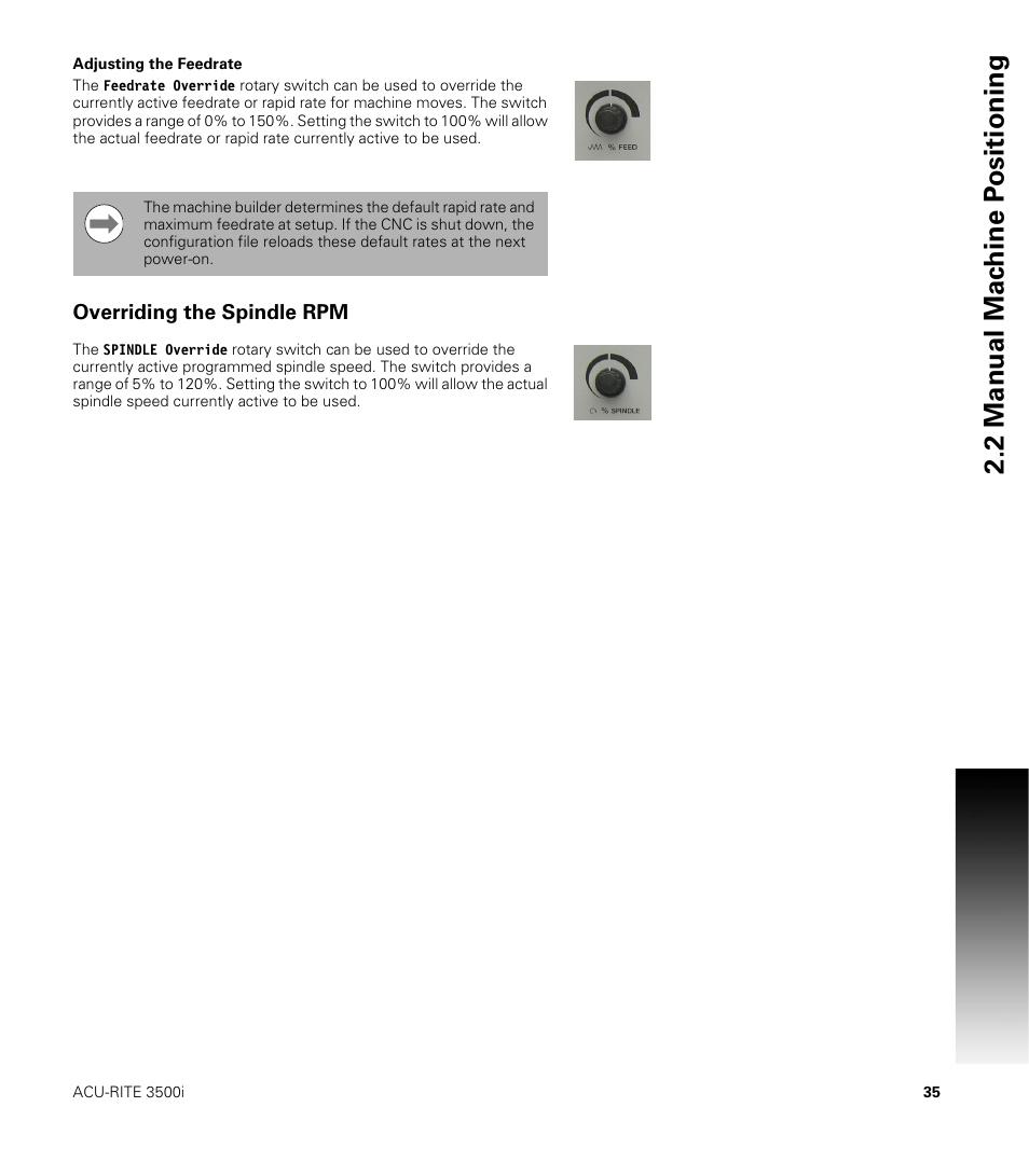 Adjusting the feedrate, Overriding the spindle rpm, 2 manual mac h ine p o sitioning | ACU-RITE CNC 3500i User Manual | Page 61 / 474