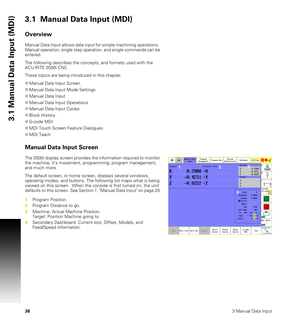 1 manual data input (mdi), Overview, Manual data input screen | ACU-RITE CNC 3500i User Manual | Page 64 / 474