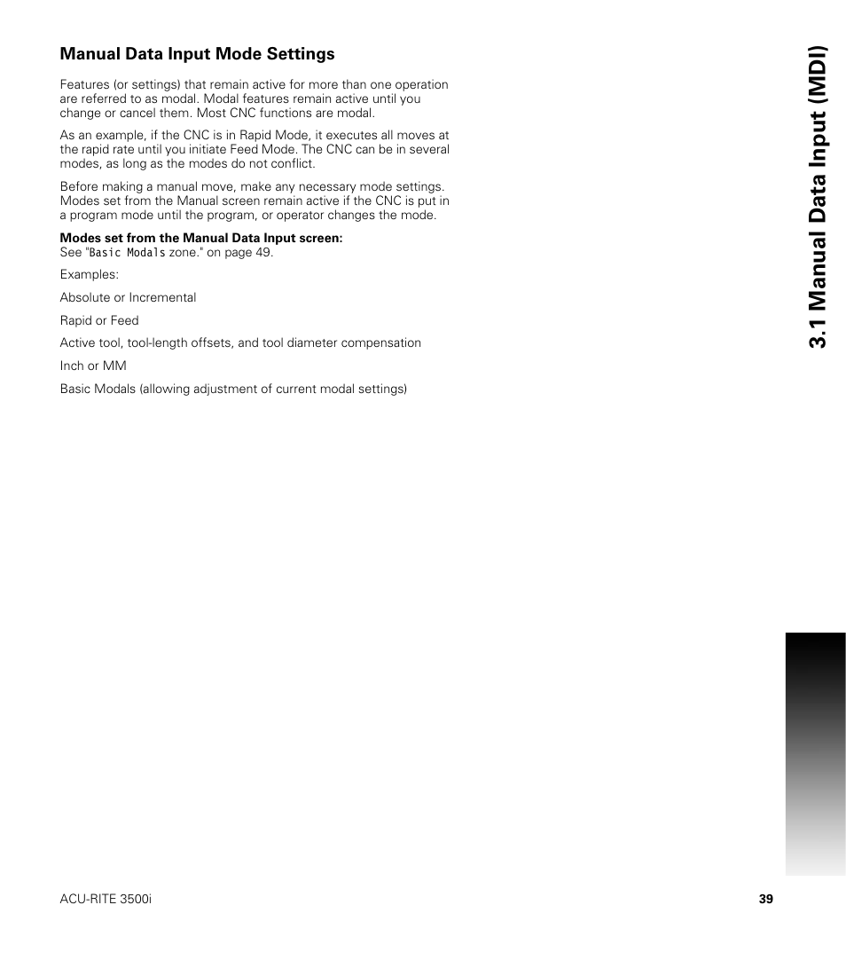 Manual data input mode settings, 1 manual d a ta input (mdi) | ACU-RITE CNC 3500i User Manual | Page 65 / 474