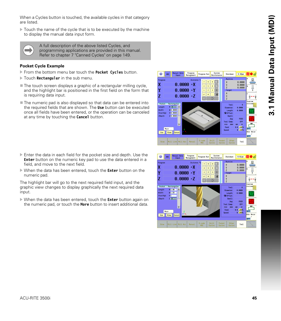 Pocket cycle example, 1 manual d a ta input (mdi) | ACU-RITE CNC 3500i User Manual | Page 71 / 474