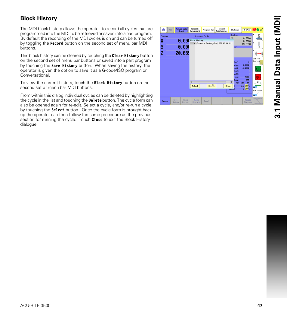 Block history, 1 manual d a ta input (mdi) | ACU-RITE CNC 3500i User Manual | Page 73 / 474
