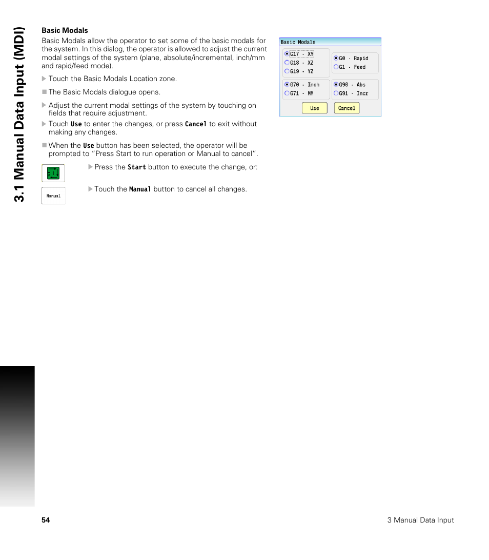 Basic modals, 1 manual d a ta input (mdi) | ACU-RITE CNC 3500i User Manual | Page 80 / 474