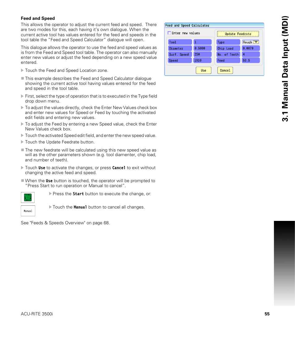 Feed and speed, 1 manual d a ta input (mdi) | ACU-RITE CNC 3500i User Manual | Page 81 / 474