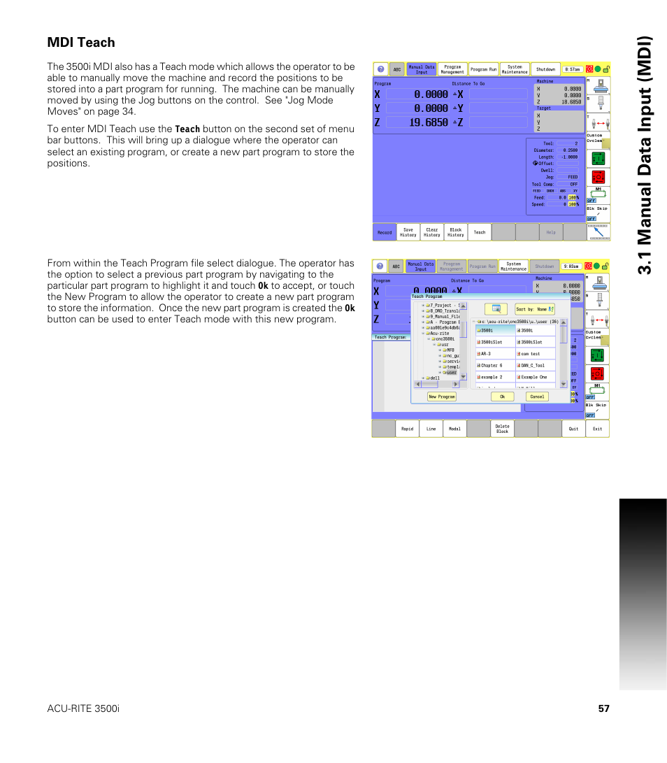 Mdi teach, 1 manual d a ta input (mdi) | ACU-RITE CNC 3500i User Manual | Page 83 / 474