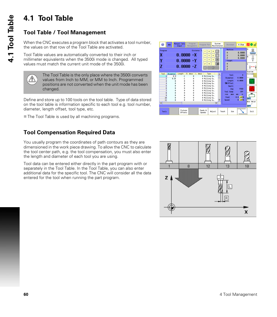 1 tool table, Tool table / tool management, Tool compensation required data | 1 t o ol t a ble 4.1 tool table | ACU-RITE CNC 3500i User Manual | Page 86 / 474