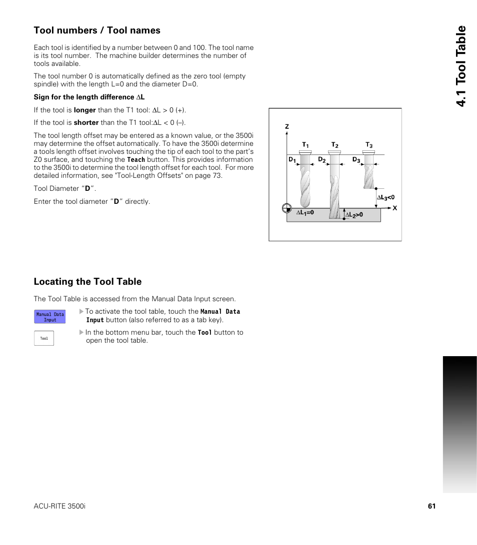 Tool numbers / tool names, Locating the tool table, 1 t ool t a ble | ACU-RITE CNC 3500i User Manual | Page 87 / 474