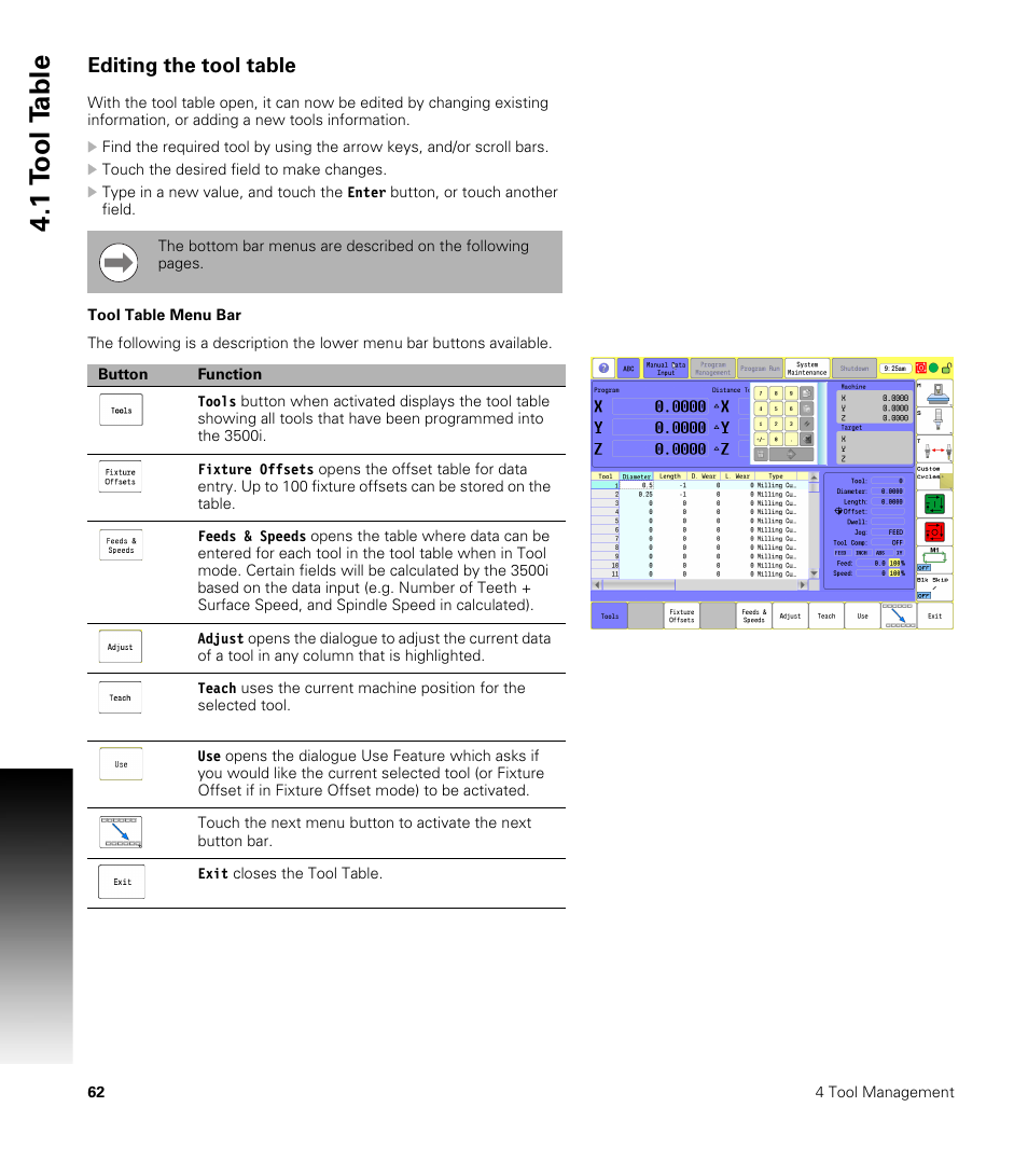 Editing the tool table, Tool table menu bar, 1 t o ol t a ble | ACU-RITE CNC 3500i User Manual | Page 88 / 474