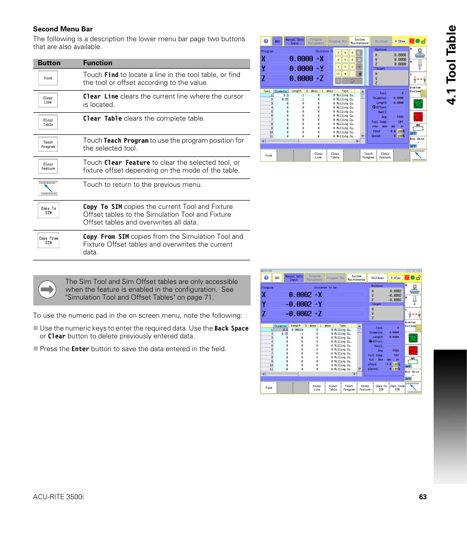 Second menu bar, 1 t ool t a ble | ACU-RITE CNC 3500i User Manual | Page 89 / 474