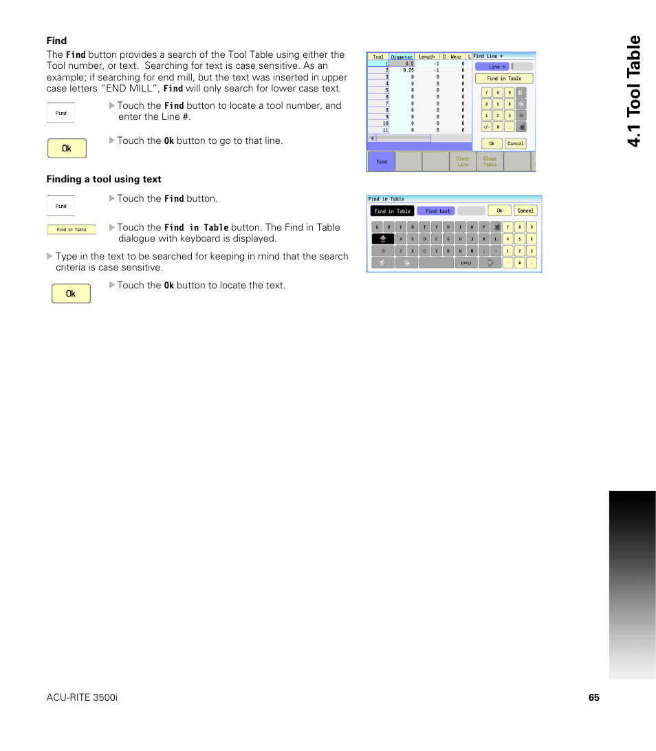 Find, Finding a tool using text, Find finding a tool using text | 1 t ool t a ble | ACU-RITE CNC 3500i User Manual | Page 91 / 474