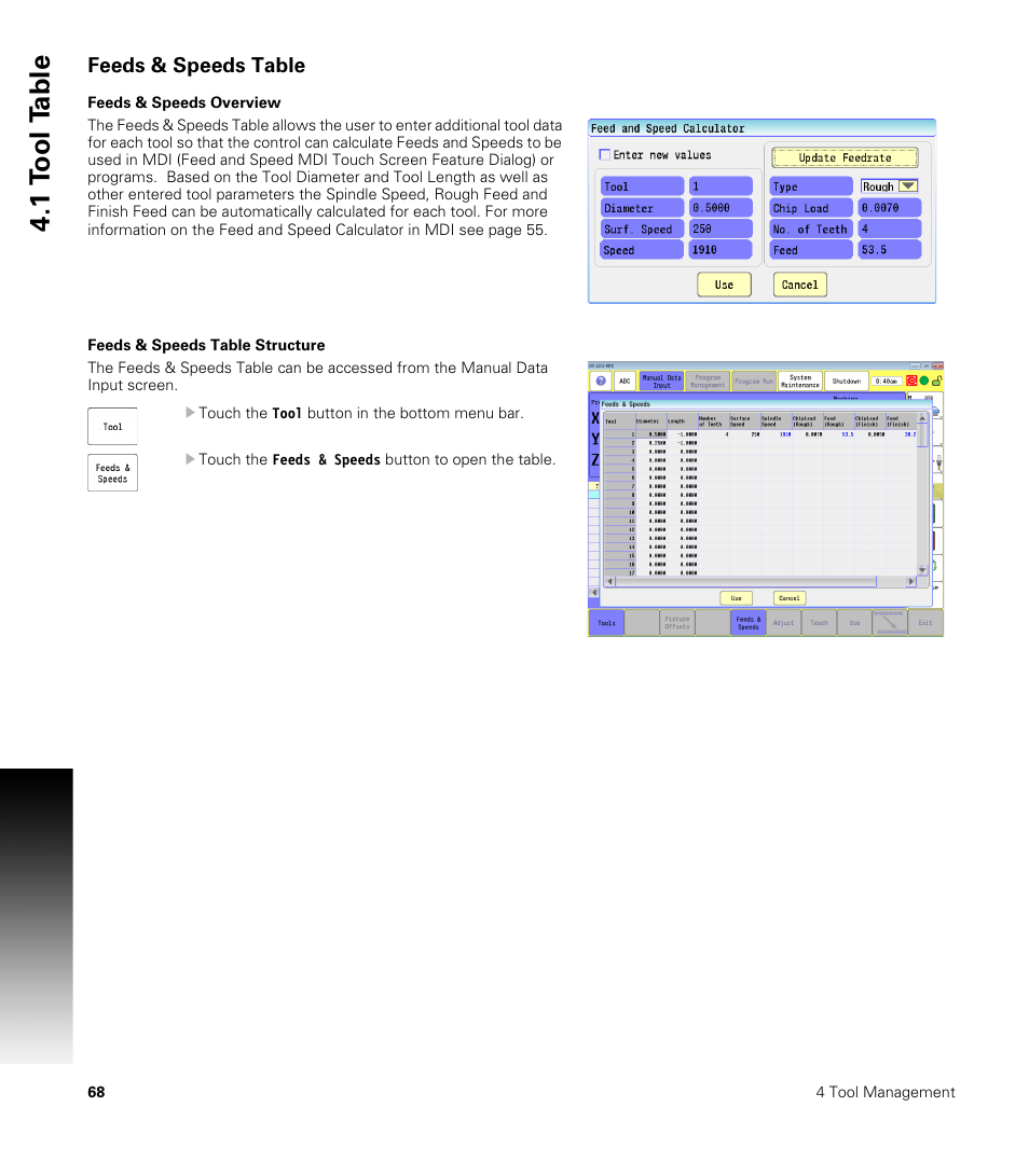 Feeds & speeds table, Feeds & speeds overview, Feeds & speeds table structure | 1 t o ol t a ble | ACU-RITE CNC 3500i User Manual | Page 94 / 474