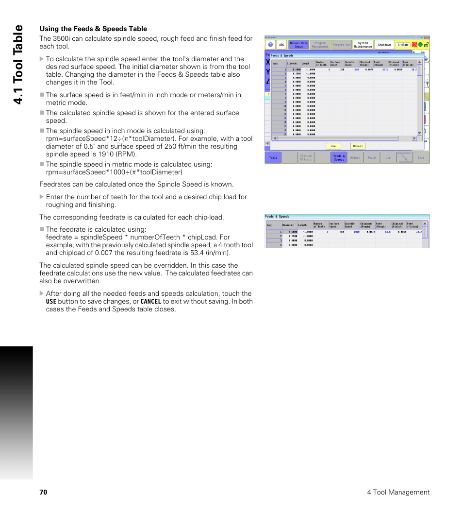 Using the feeds & speeds table, 1 t o ol t a ble | ACU-RITE CNC 3500i User Manual | Page 96 / 474