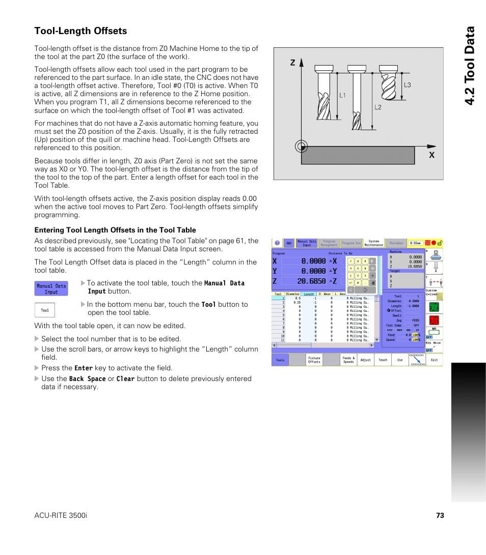 Tool-length offsets, Entering tool length offsets in the tool table, 2 t ool d a ta | ACU-RITE CNC 3500i User Manual | Page 99 / 474