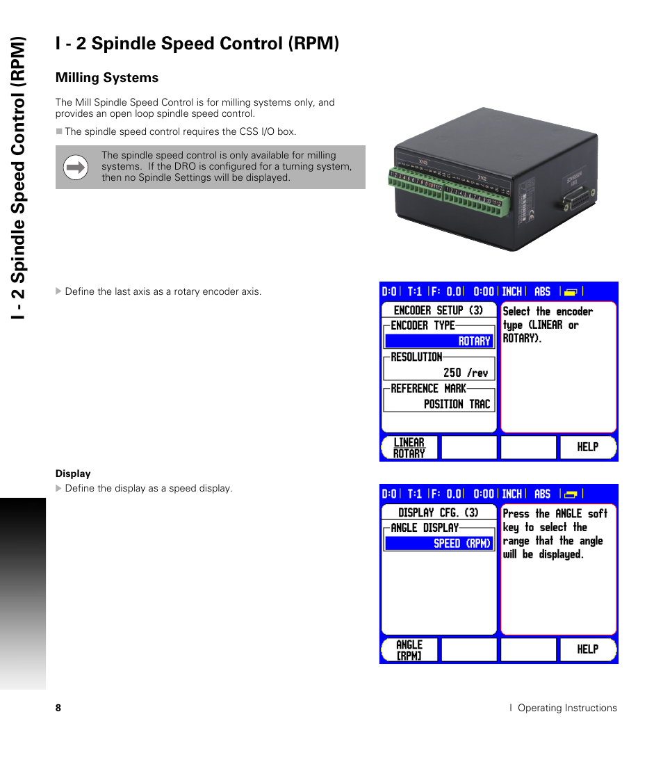I - 2 spindle speed control (rpm), Milling systems, Display | ACU-RITE CSS I/O Users Manual User Manual | Page 10 / 28
