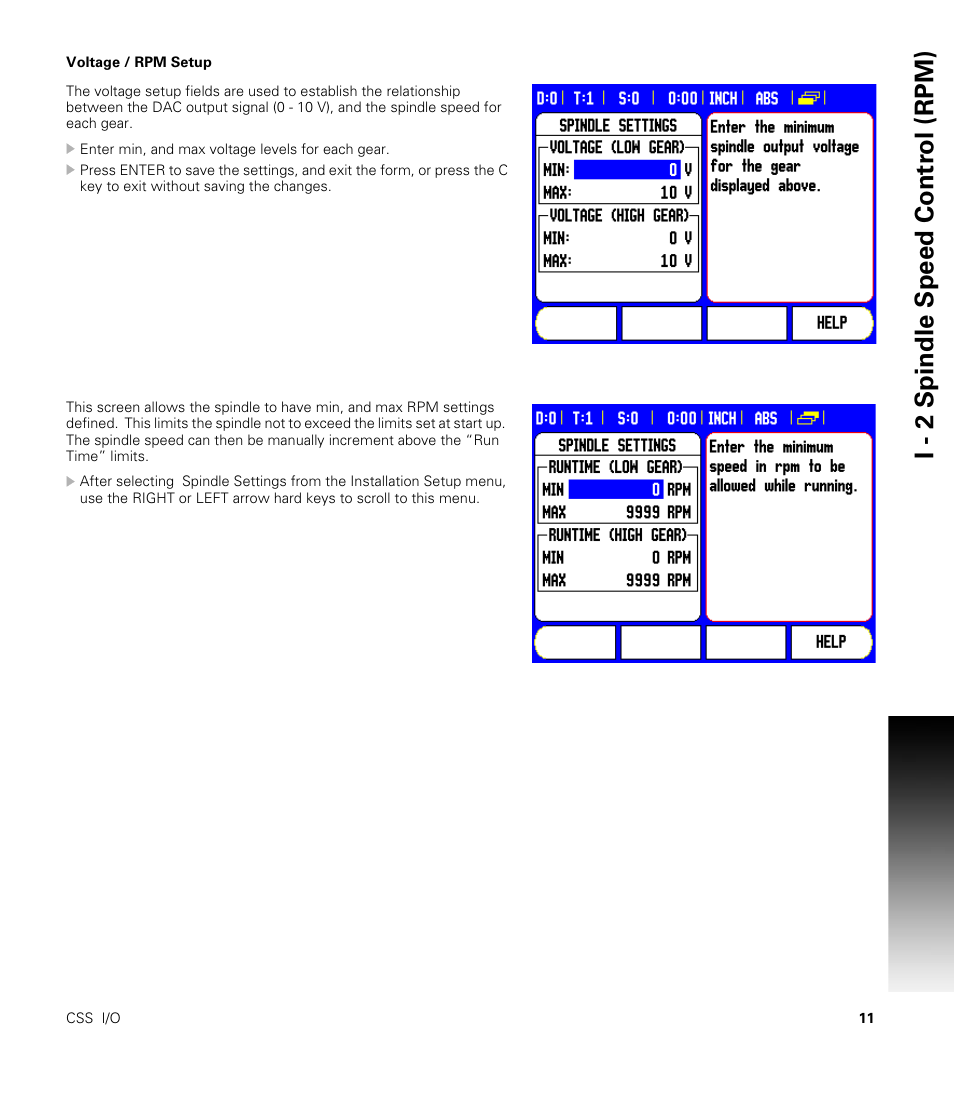 Voltage / rpm setup, I - 2 spindle speed contr o l (rpm) | ACU-RITE CSS I/O Users Manual User Manual | Page 13 / 28