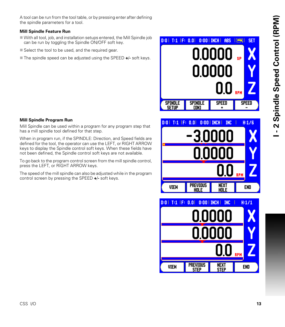 Mill spindle feature run, Mill spindle program run, Indle feature run | I - 2 spindle speed contr o l (rpm) | ACU-RITE CSS I/O Users Manual User Manual | Page 15 / 28