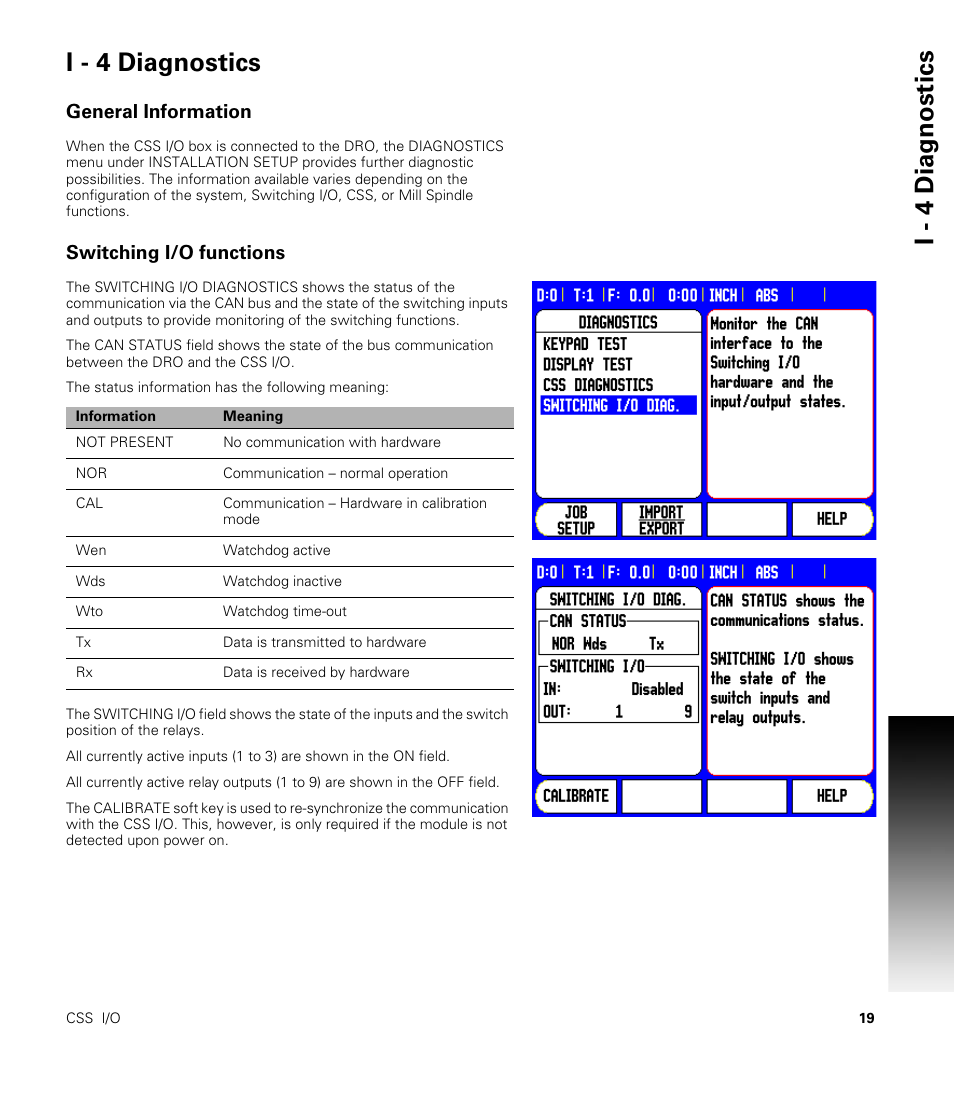 I - 4 diagnostics, General information, Switching i/o functions | General information switching i/o functions | ACU-RITE CSS I/O Users Manual User Manual | Page 21 / 28