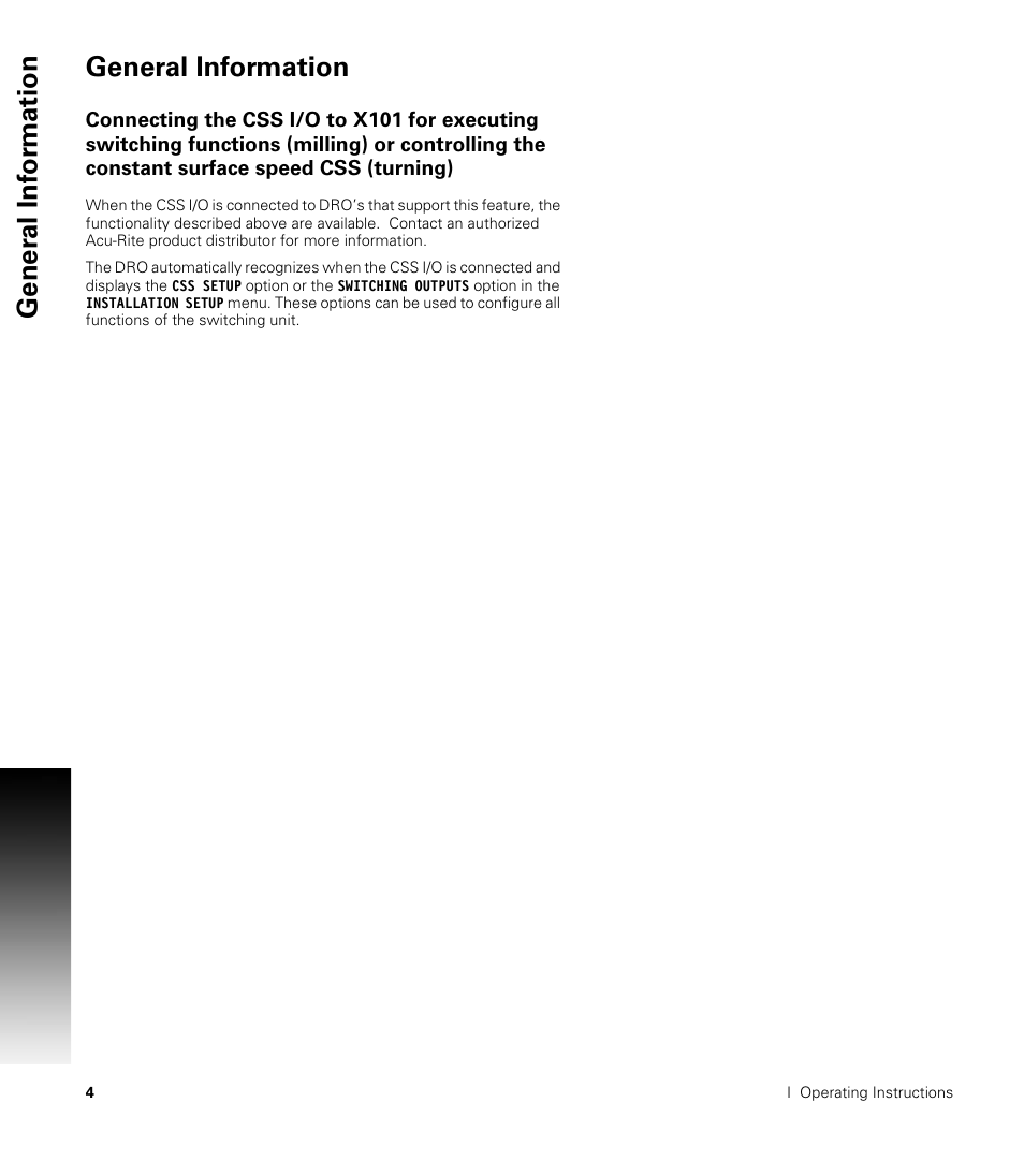 General information, I general information, Connecting the css i/o to x101 (turning) | Gener a l inf o rm ation general information | ACU-RITE CSS I/O Users Manual User Manual | Page 6 / 28