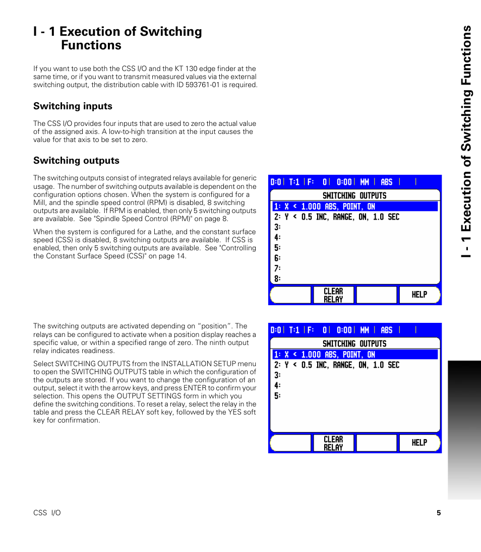 I - 1 execution of switching functions, Switching inputs, Switching outputs | Switching inputs switching outputs | ACU-RITE CSS I/O Users Manual User Manual | Page 7 / 28