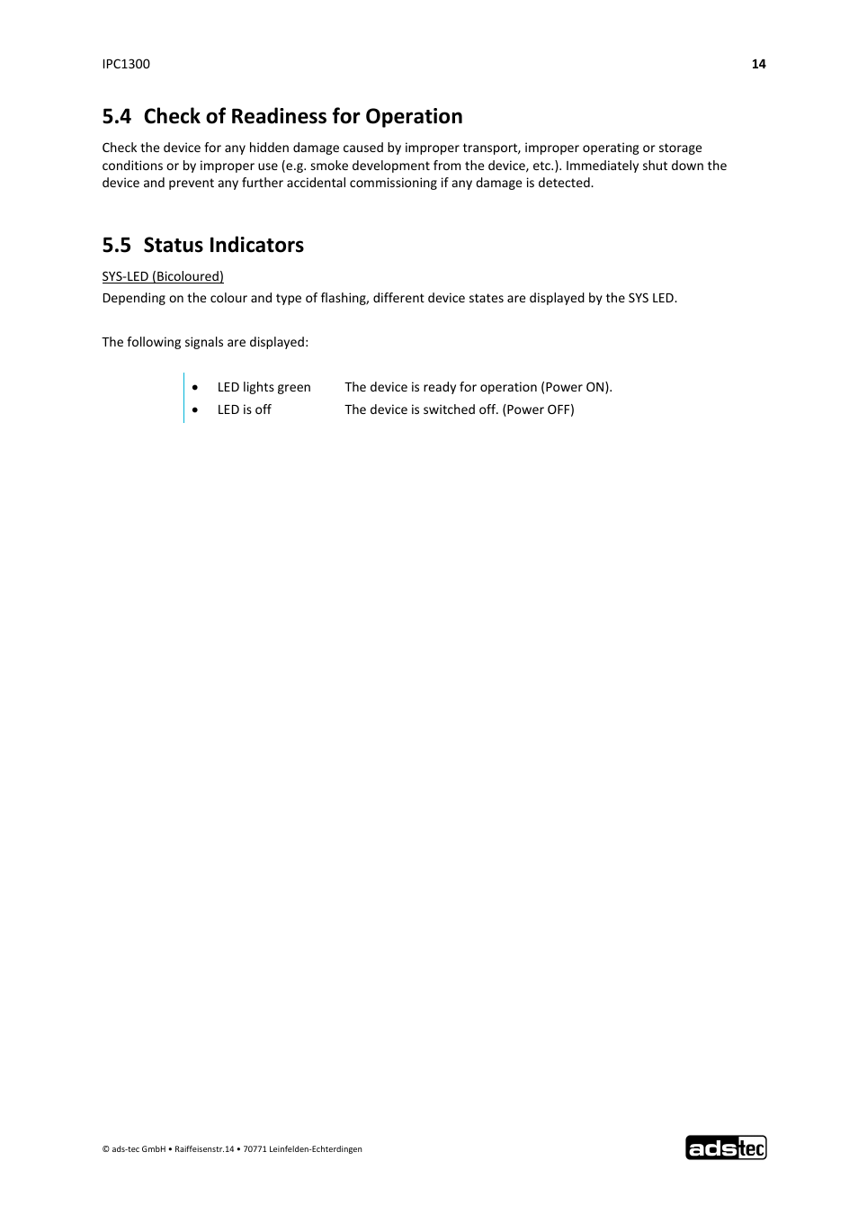 4 check of readiness for operation, 5 status indicators | ADS-TEC IPC1300 User Manual | Page 15 / 23