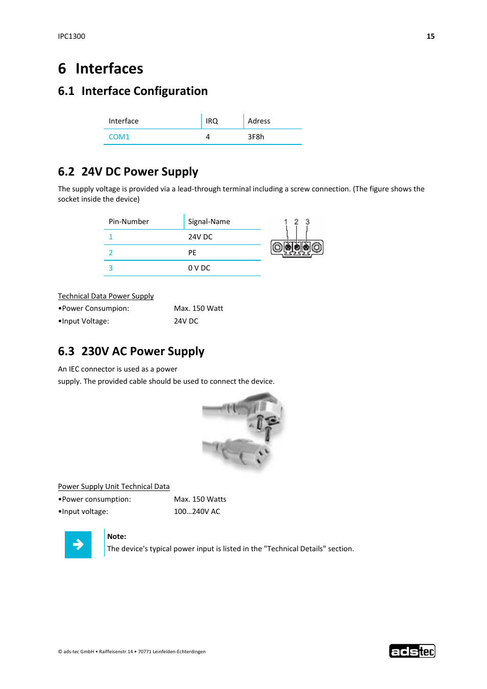 6 interfaces, 1 interface configuration, 2 24v dc power supply | 3 230v ac power supply | ADS-TEC IPC1300 User Manual | Page 16 / 23