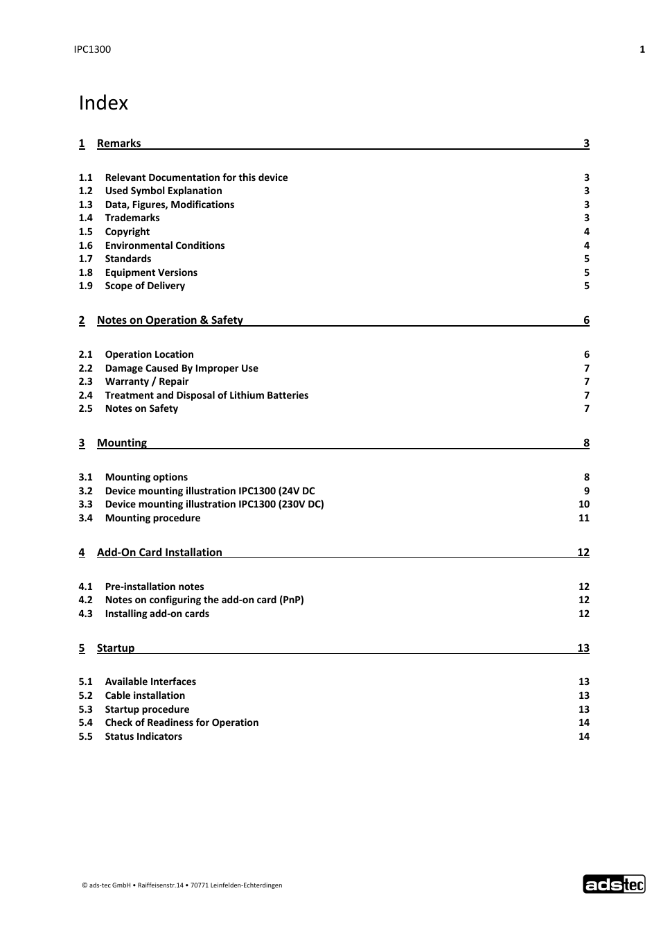 Index | ADS-TEC IPC1300 User Manual | Page 2 / 23