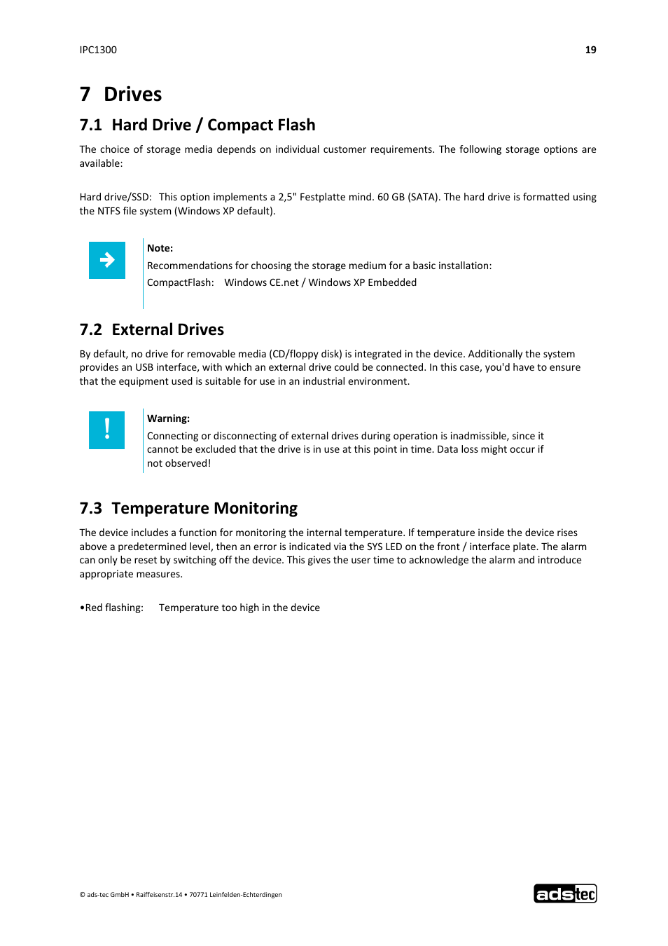 7 drives, 1 hard drive / compact flash, 2 external drives | 3 temperature monitoring | ADS-TEC IPC1300 User Manual | Page 20 / 23